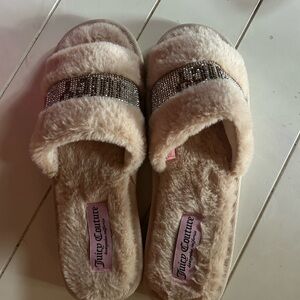 Juicy Couture Tan Plush Slippers Cozy Indoor Wear